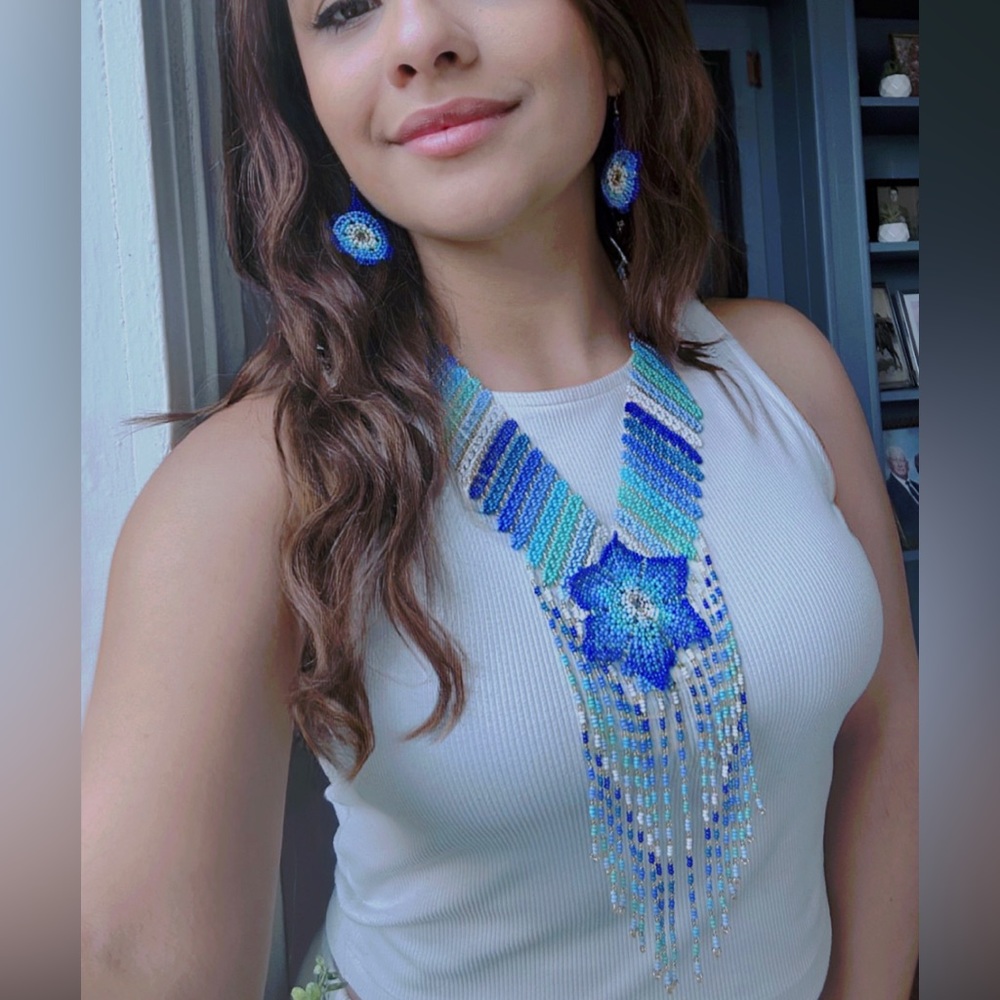 Handcrafted beaded chaquira necklace and earrings.